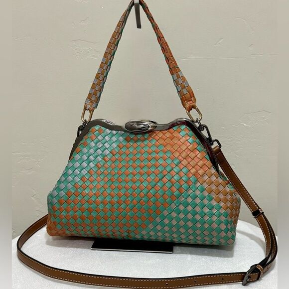 Colorblock Woven Cowhide Handmade Custom Metal Frame Handbag, Multi Use Style - Picture 3 of 16